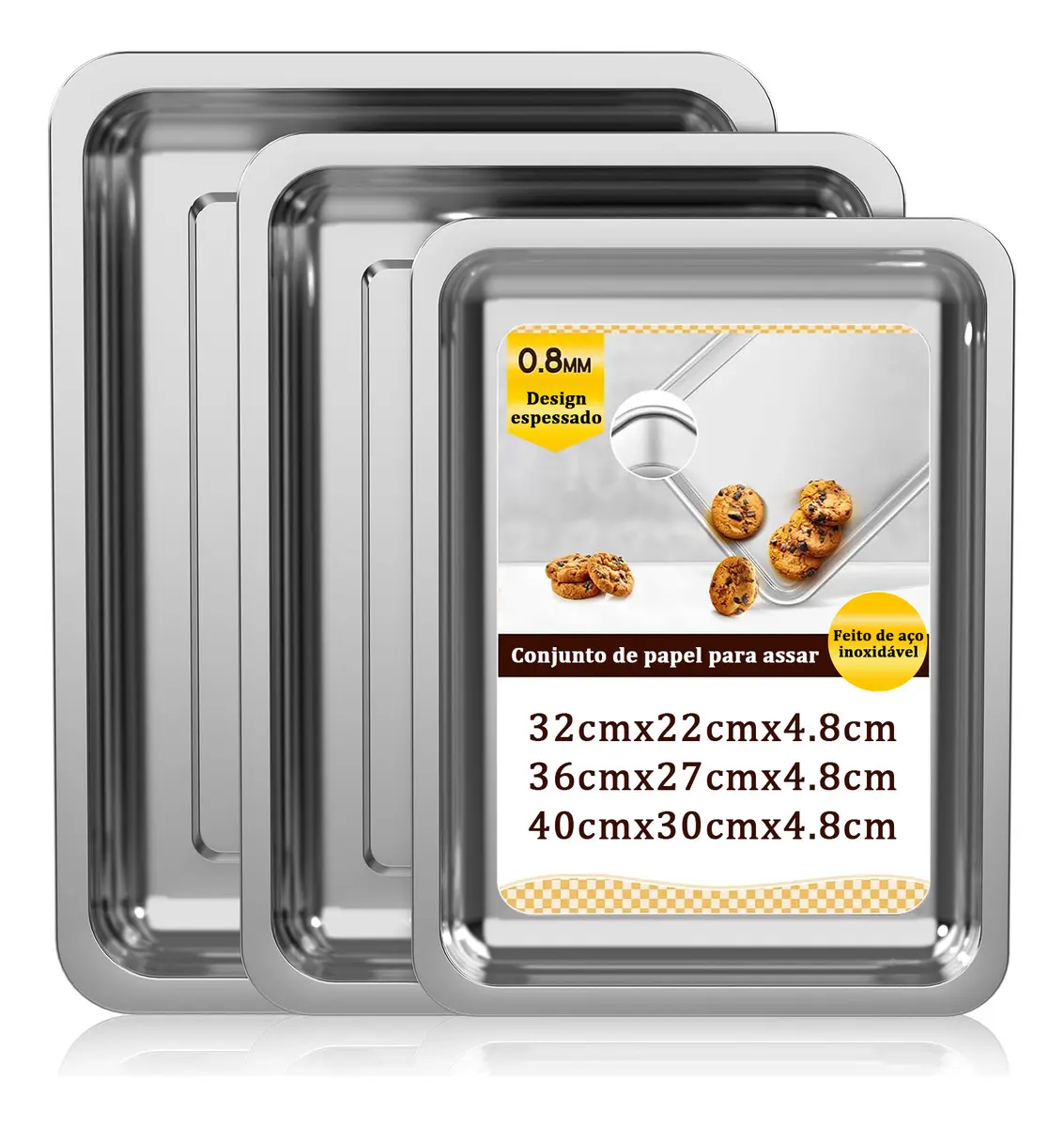 Kit 3 Assadeira Aço Inox Retangular Para Assados/forma/tabuleiro,pizza Retangular,para Assar Frango Carne Forma Bolo Doces Assadeiras Bolo Para Máquinas De Lavar Louça,garantindo Durabilidade Premium