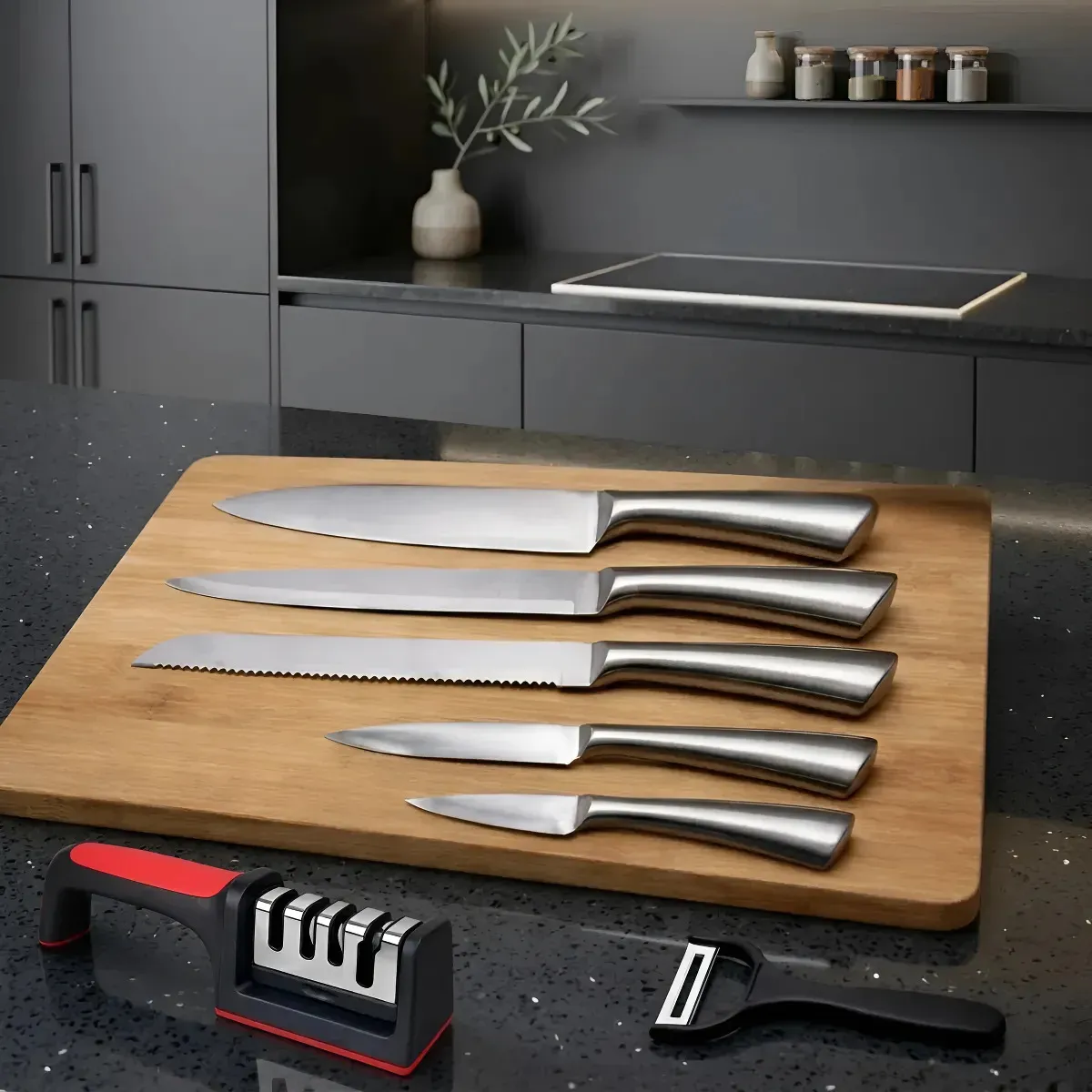 Kit Jogo de Facas Em Aço Inox Conjunto 7 Peças Cozinha Churrasco Inteiriço Brinde Afiador de Faca Aquattro