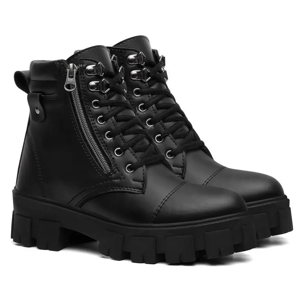 Bota Coturno Tratorado Feminino Preto Zíper Lateral Cano Curto Blogueira Confortável
